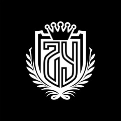 ZY Letter logo heraldic shield shape with crown on black background template design