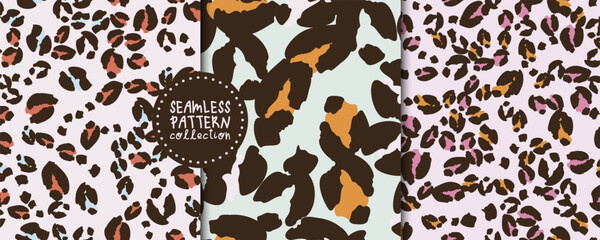 Set. Collection. Seamless patterns with different leopard spots. Backgrounds. Textile, fabric, wrapping paper, print template