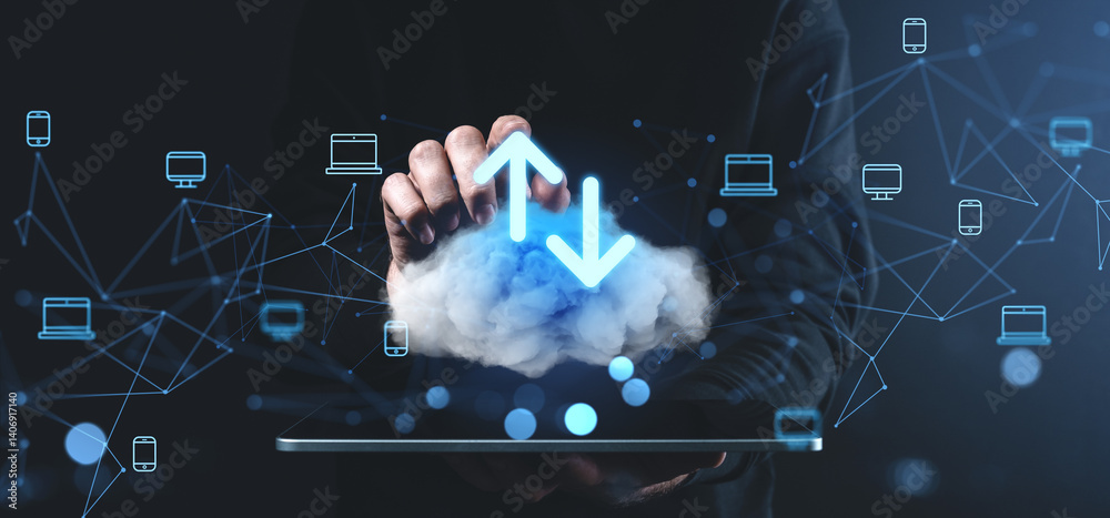 Poster cloud data transfer concept with digital network and hand interaction interface.