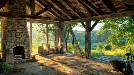 Rustic barn-style interior with stone fireplace and wood beams. Sunlight streams in