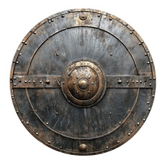 Fototapeta premium Aged round metal shield with central boss, riveted frame, and battle-worn patina, ideal for medieval or fantasy scenes.