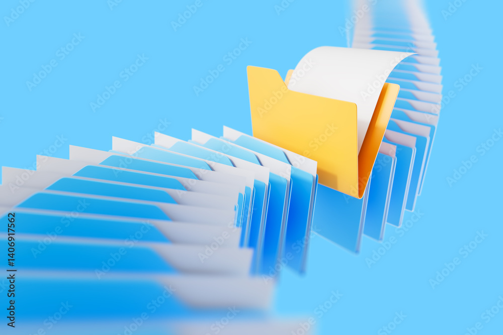 Poster digital archive concept with colorful folders flying in sequence on vibrant blue background, symboli