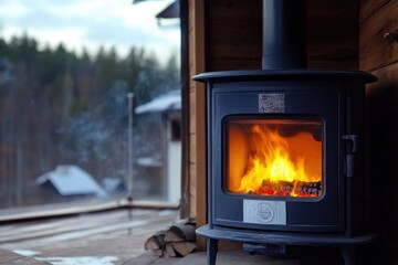 Cozy wood-burning stove warms a rustic cabin during winter evening in the woods