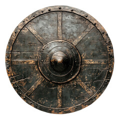 Naklejka premium Aged round metal shield with central boss, riveted frame, and battle-worn patina, ideal for medieval or fantasy scenes.