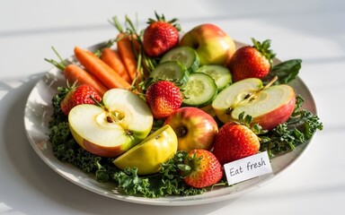 The image showcases a bright, clean, and appetizing white plate adorned with fresh fruits and vegetables, including apples, strawberries, cucumbers, carrots, and leafy greens.