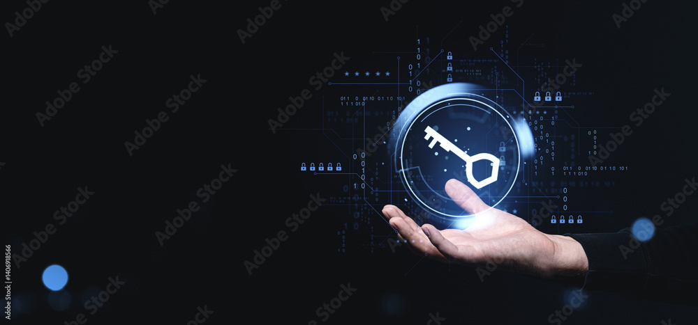 Poster digital key icon hovering above hand, symbolizing cybersecurity and access control.