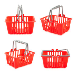 Online shopping concept.Cardboard box and shopping bags in a trolley isolated on white background....
