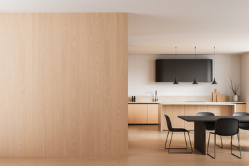 Modern kitchen interior with light wood blank wall and stylish dining area for creative design mockup or poster template display concept. 3D Rendering