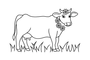 Cute Cow With Flower Decoration In Meadow Black And White Outlined Illustration