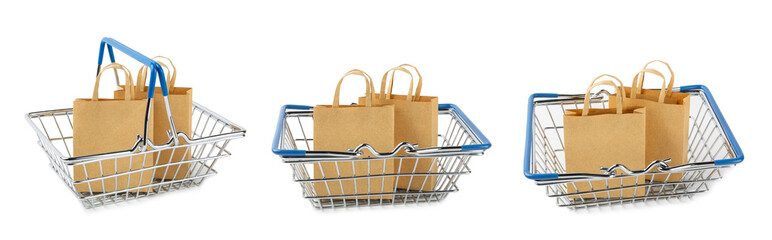 Online shopping concept.Cardboard box and shopping bags in a trolley isolated on white background....