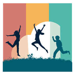 Naklejka premium Silhouettes of people jumping and running in front of vibrant colorful panels with a grassy foreground for an energetic design