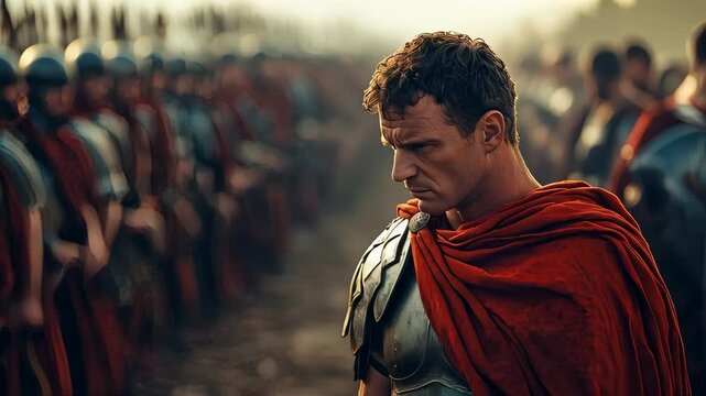 Roman soldier contemplation amidst an army preparing for battle at dawn