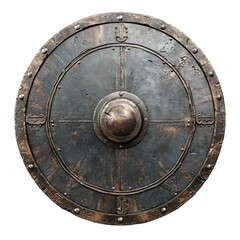 Naklejka premium Aged round metal shield with central boss, riveted frame, and battle-worn patina, ideal for medieval or fantasy scenes.