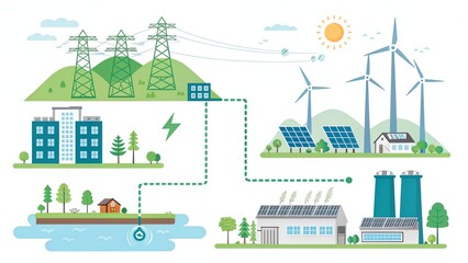 Green energy reduce carbon emissions and makes earth cleaner and more ecological, clean vector of a green energy supply chain, from source to end-user, suitable for corporate presentations

