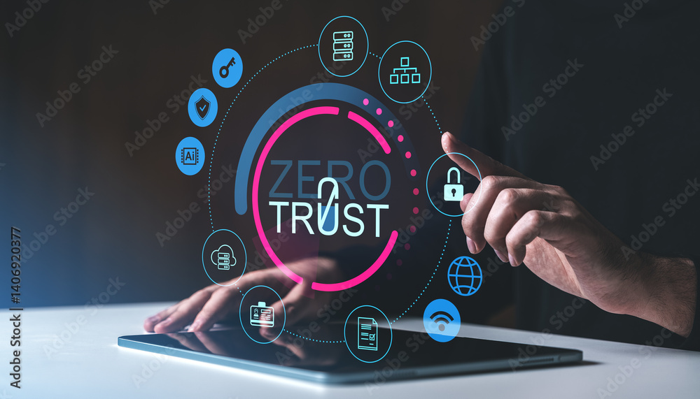 Poster zero trust cybersecurity concept with digital interface icons and person interacting with tablet dev