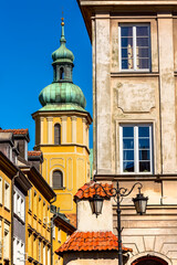 Warsaw, Poland colorful houses and church rower in Old Town of polish capital aerial view