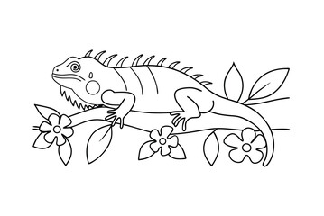 Iguana Reptile Illustration On Blooming Flowers Coloring Page Outline Vector