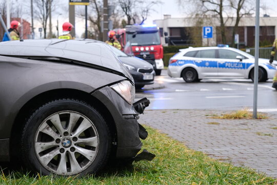 Katowice, Poland  11-28-2024: Car accident involving BMW and Kia.