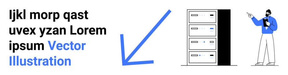 Man pointing at server racks while holding a clipboard, arrow indicating focus, lorem ipsum placeholder text. Ideal for IT services, technology, data management, networking, hosting, software simple