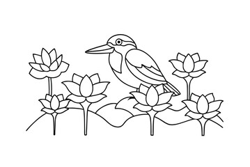 Line Art Illustration Of Bird And Lotus Flowers In Tranquil Scene