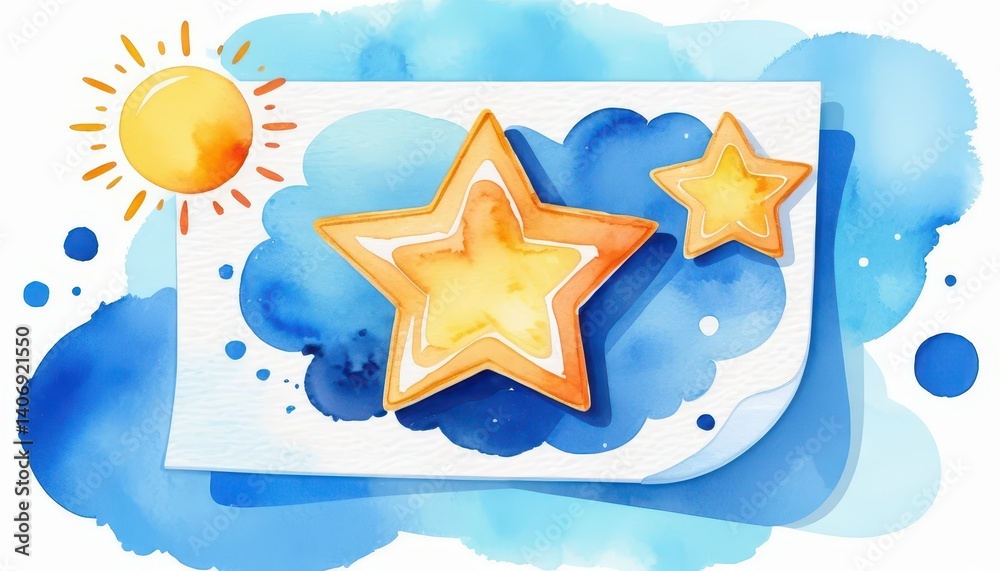Poster three stars on a soft blue watercolor background evoking a sense of calmness and serenity in artisti