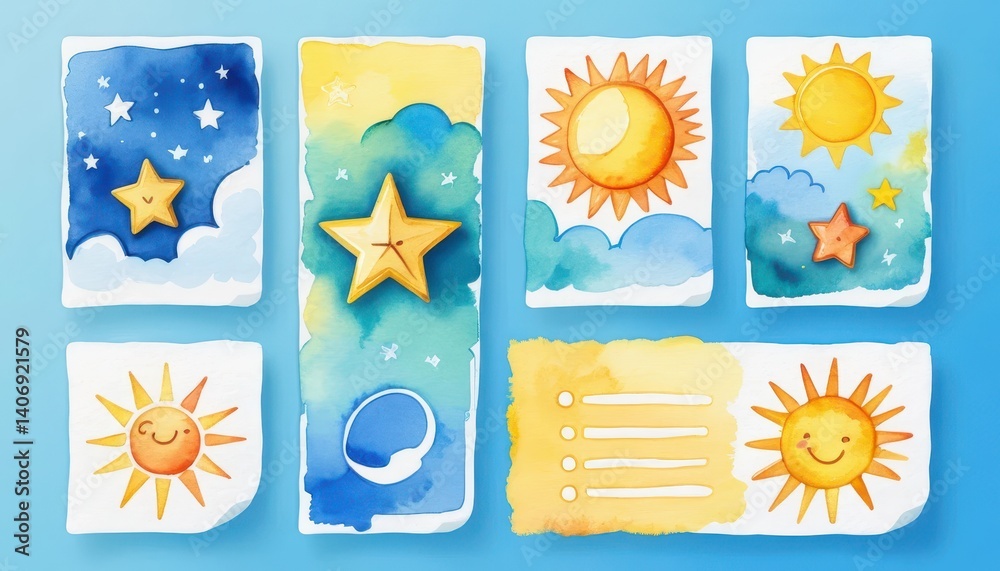 Poster artistic watercolor illustration of a sun and moon blending together in harmony to create a dreamy a