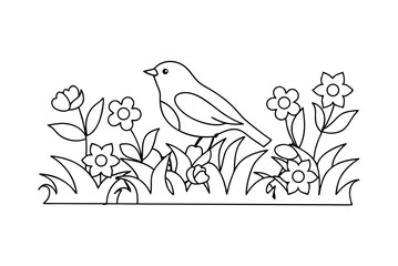 Bird In A Meadow With Flowers Line Art For Coloring Page