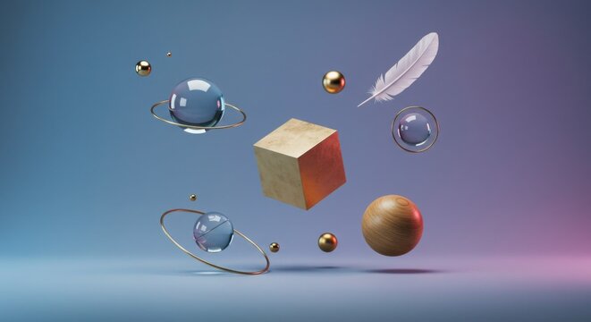 floating object collection arranged in perfect symmetry in open space