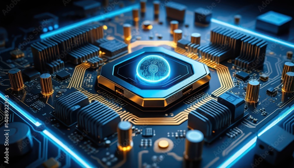 Poster A detailed view of a cpu chip enhanced by a striking blue light on its surface showcasing advanced technology features