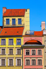 Warsaw, Poland colorful houses in Castle Square in the Old Town of polish capital, close-up aerial view