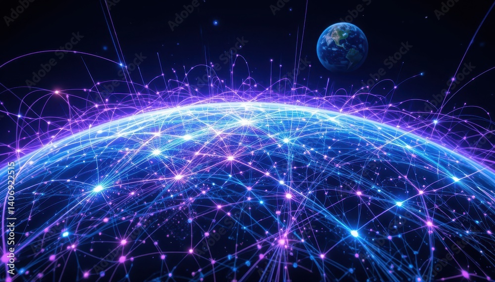 Poster Planet surrounded by network lines symbolizing global connectivity and digital interaction in a futuristic environment