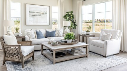 Naklejka premium Light-filled living room showcasing a tranquil aesthetic.