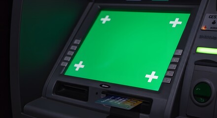 Close-up of ATM machine with green screen for easy content replacement