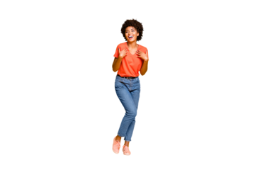 Full length body size photo of cheerful curly wavy black lady wearing jeans denim unable to believe in being chosen excited rejoicing isolated over yellow vivid color background
