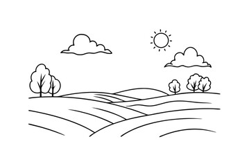 Line Art Landscape With Hills Trees Clouds And Sun Simple Illustration
