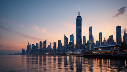 Obraz premium Stunning city skyline silhouetted against a colorful sunset sky with vibrant hues of orange, pink, and purple atmosphere