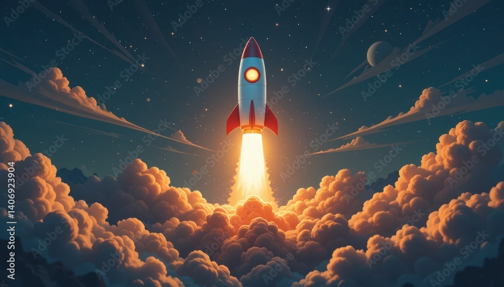 Poster rocket flying through the soft white clouds in a bright blue sky symbolizing exploration and innovat