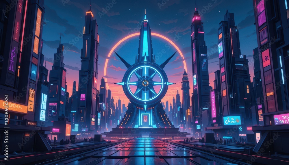 Poster a futuristic cityscape illuminated by neon lights creating a vibrant and dynamic atmosphere of urban