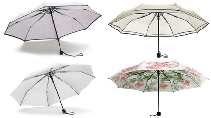 Four compact umbrellas; floral, patterned, plain designs.