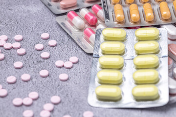 Variety of medicines and drugs.Medicine and healthcare concept.Variety of medicines and drugs.Medicine and healthcare concept.Pill for the prescription and treatment various diseases chemistry
