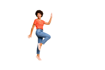 Copyspace photo of cheerful charming fascinating gorgeous nice cute girlfriend running away from something changing position isolated over vivid color yellow background