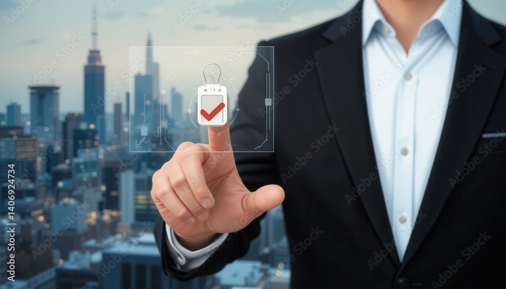 Poster businessman touching a digital padlock icon symbolizing security and protection in the modern digita