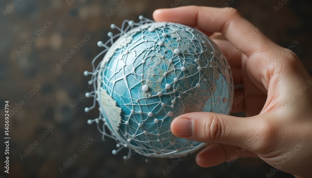 Poster hand holding a blue and white globe symbolizing global awareness and connection to the world in a th