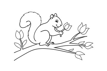 Squirrel On Branch Holding Flower Outline Vector Illustration For Coloring Book