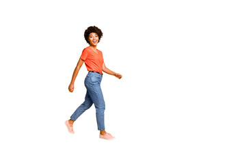 Copyspace photo of charming nice attractive beautiful girlfriend wearing jeans footwear going...
