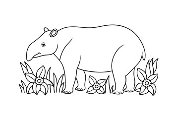 Black And White Tapir Outline With Flowers Illustration Vector Artwork