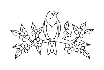 Bird Perched On Flowering Branch Simple Black And White Line Art