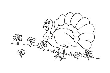 Turkey With Flowers In Black And White Outline Style For Coloring Book