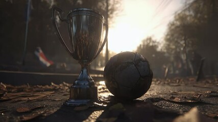 Silver trophy and weathered soccer ball rest on foliage-covered asphalt, bathed in sunlight's warm glow on a tree lined street