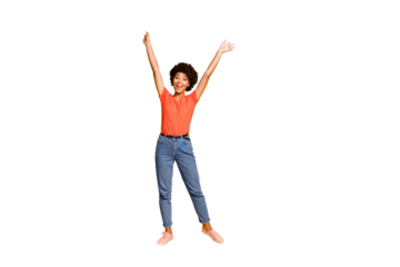 Full length body size photo of charming cute cheerful attractive rejoicing overjoyed girlfriend black skinned wearing jeans denim raising her hands up while isolated yellow vibrant color background